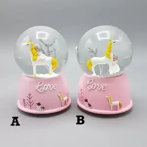 AsilTech Mini Pembe Kar Küresi - Sevimli Unicorn ve Kız Tasarımlı - Işıklı