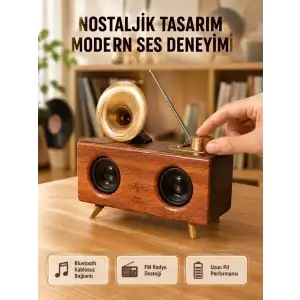 AsilTech Nostaljik Gramofon Bluetooth Hoparlör – FM Radyo + USB + SD Kart Destekli
