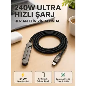 AsilTech Örgülü 240W Type-C Katlanabilir Telefon Standlı Şarj Kablosu