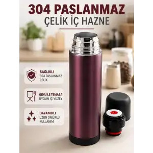 AsilTech Paslanmaz Çelik Seyahat Termosu Tek Tuşlu Vakumlu Kahve ve Çay Termosu