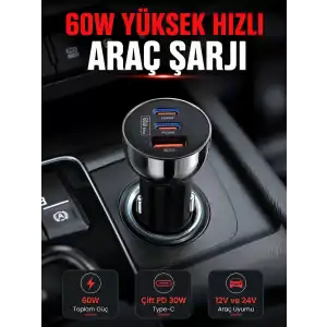 AsilTech PD 30W Çift USB-C Araç Şarj Cihazı 60W Hızlı Şarj Adaptörü