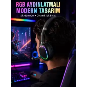 AsilTech RGB Işıklı Bluetooth Mikrofonlu Kulaklık Uzun Süreli Kullanım Type-C Şarjlı