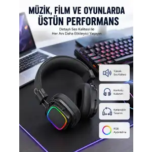 AsilTech RGB Işıklı Katlanabilir Bluetooth 5.3 Kulak Üstü Kulaklık