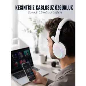 AsilTech RGB Işıklı Mikrofonlu Bluetooth Kulaklık Beyaz Over-Ear Tasarım Type-C Şarjlı