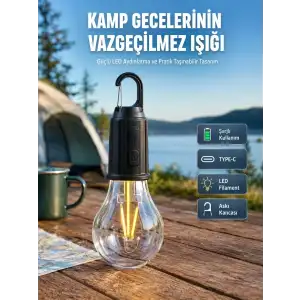AsilTech Şarjlı Aydınlatma Ampul Tasarımlı Ambians Işık Askılı Kamp Lambası