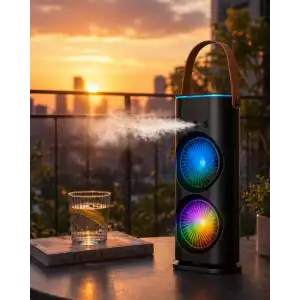 AsilTech Şarjlı Buharlı Serinletici Fan RGB Işıklı Çift Pervaneli Masa Fanı