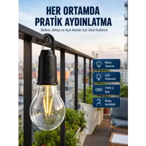AsilTech Şarjlı Dekoratif Kamp Lambası Askılı Ampul Led Işık Type-C Girişli