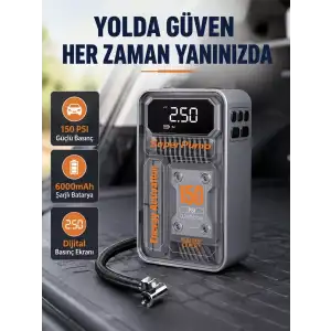 AsilTech Şarjlı Kablosuz Hava Pompası – 150 PSI Basınç, LED Ekran ve 6000mAh Batarya