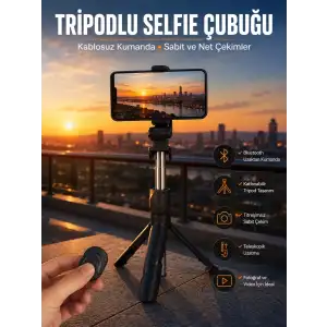 AsilTech Selfie Çubuğu Tripod Kumandalı Telefon Tutucu Siyah