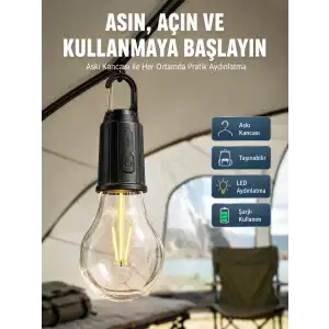 AsilTech Taşınabilir Şarjlı Led Ampul Askılı Lamba Kamp Bahçe Lambası