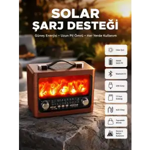 AsilTech Taşınabilir Şömine Görünümlü Bluetooth Hoparlör – Solar Şarjlı, Alev Işıklı, 7W Ses