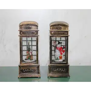AsilTech Telefon Kulübesi Tasarımlı Yılbaşı Temalı Işıklı Müzikli Kar Küresi Model 1