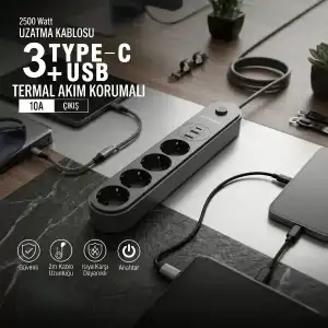 AsilTech Termal Akım Korumalı 4 Prizli USB Girişli Uzatma Kablosu