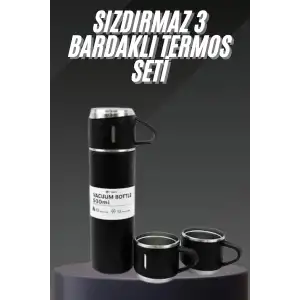 AsilTech Termos Seti Paslanmaz Çelik 3 Bardaklı Vakumlu Termos Set 500 Ml 12 Saate Kadar Isı Koruma