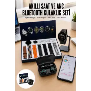 AsilTech Ucuz Kaliteli Yeni Nesil 7 Kordonlu Akıllı Saat ve Kablosuz Bluetooth Kulaklık ANC Özelliği