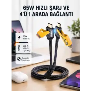 AsilTech USB-C USB-A 4’ü 1 Arada Örgülü Kablo 65W Hızlı Şarj Metal Uç Dayanıklı