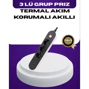 AsilTech USB Yuvalı Anahtarlı Üçlü Priz 2 Metre Kablolu