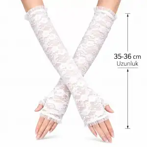 AsilTech Uzun Zarif Dantel Eldiven Parmaksız Beyaz