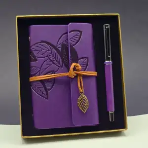 AsilTech Yaprak Desenli Mor Deri Defter Ve Metal Roller Kalem Seti
