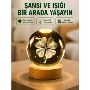 AsilTech Yonca Figürlü Cam Küre USB Işıklı Ahşap Tabanlı Dekoratif Masa Lambası