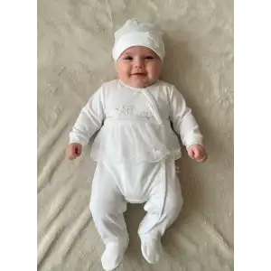 Dantelli Çiçek Nakışlı Kız Bebek Tulum %100 Pamuk