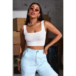 Giyim Kadın Beyaz Kalın Askılı Crop Top Büstiyer