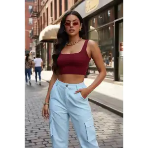 Giyim Kadın Bordo Kalın Askılı Crop Top Büstiyer Esnek Kumaş Şık Basic Kadın Üst Giyim