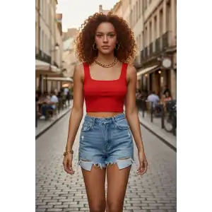 Giyim Kadın Kırmızı Kalın Askılı Crop Top Büstiyer Esnek Kumaş Şık Basic Kadın Üst Giyim