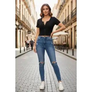 Giyim Kadın Siyah Çift Fermuarlı Modern Yarım Kol Crop Top Bluz