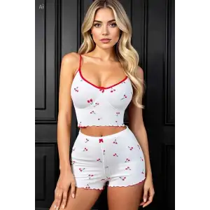 Giyim Kadın Vişne Motifli Dantel Askılı Şortlu Rahat Pijama Takımı