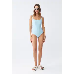 Kadın Buz Mavisi İnce Askılı Düz Tek Parça Mayo