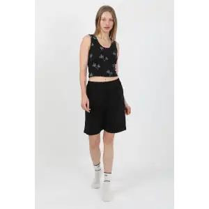 Kadın Kalın Askılı Pamuk Penye Şortlu Crop Takım Siyah