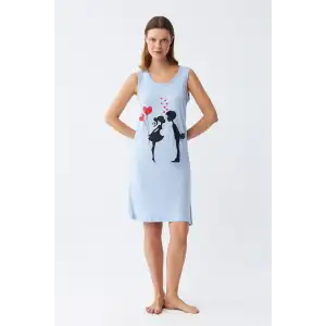 Kadın Kalın Askılı Penye Diz Üstü Mavi Gecelik