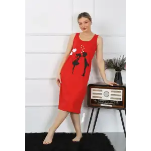 Kadın Kalın Askılı Penye Uzun Kırmızı Gecelik