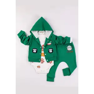 Monkey Nakışlı Kapişonlu Erkek Bebek Takım