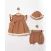 6/24 Ay Şapkalı Müslin Kumaş 3 Parça Bebek Takımı