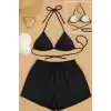 Giyim Kadın 3lü Set Siyah Şortlu Ve Yandan Bağlamalı Bikini Mayo Takımı