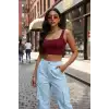 Giyim Kadın Bordo Kalın Askılı Crop Top Büstiyer Esnek Kumaş Şık Basic Kadın Üst Giyim