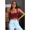 Giyim Kadın Bordo Kalın Askılı Crop Top Büstiyer Esnek Kumaş Şık Basic Kadın Üst Giyim