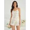 Giyim Kadın Ekru Çiçek Baskılı Şortlu Gecelik Pijama Takımı Rahat Şık 2’li Set