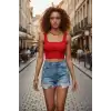 Giyim Kadın Kırmızı Kalın Askılı Crop Top Büstiyer Esnek Kumaş Şık Basic Kadın Üst Giyim