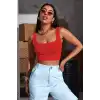 Giyim Kadın Kırmızı Kalın Askılı Crop Top Büstiyer Esnek Kumaş Şık Basic Kadın Üst Giyim