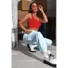 Giyim Kadın Kırmızı Kalın Askılı Crop Top Büstiyer Esnek Kumaş Şık Basic Kadın Üst Giyim