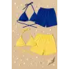 Giyim Kadın Sarı Ve Mavi Şortlu Belden Ve Boyundan Bağlamalı Bikini Takımı