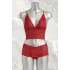Giyim Kırmızı Dantel Bralet Şort Takımı Askılı Şık Kadın Ev Giyim