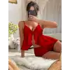 Giyim Kırmızı Dantel İşlemeli İnce Askılı Saten Şortlu Takım