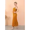 Kadın Kalın Askılı Yırtmaçlı Uzun Hardal Gecelik