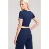 Kadın Lacivert Yumuşak Dokulu Minimal V Yaka Üst Basic Günlük Şık Bluz