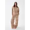 Kadın Oversize Bej Leopar Desenli Pamuklu Kalın Pijama Takımı