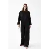 Kadın Oversize Siyah Çiçek Desenli Pamuklu Kalın Pijama Takımı